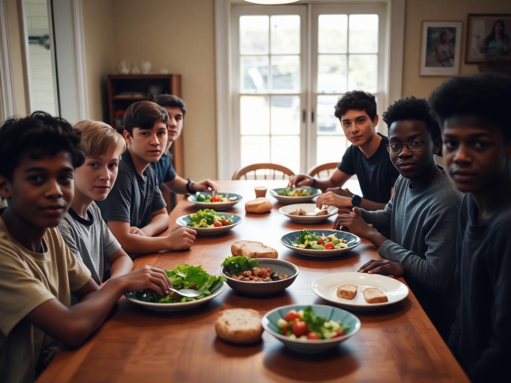 Boys sharing a healthy group dinner at The Main House