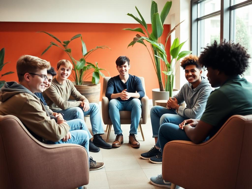 Boys sitting in a circle for philosophy study, mental health study, and open discussion with a mentor