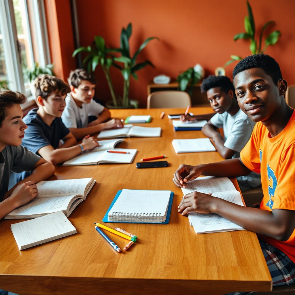 Boys collaborating on homework at a table with laptops and notebooks