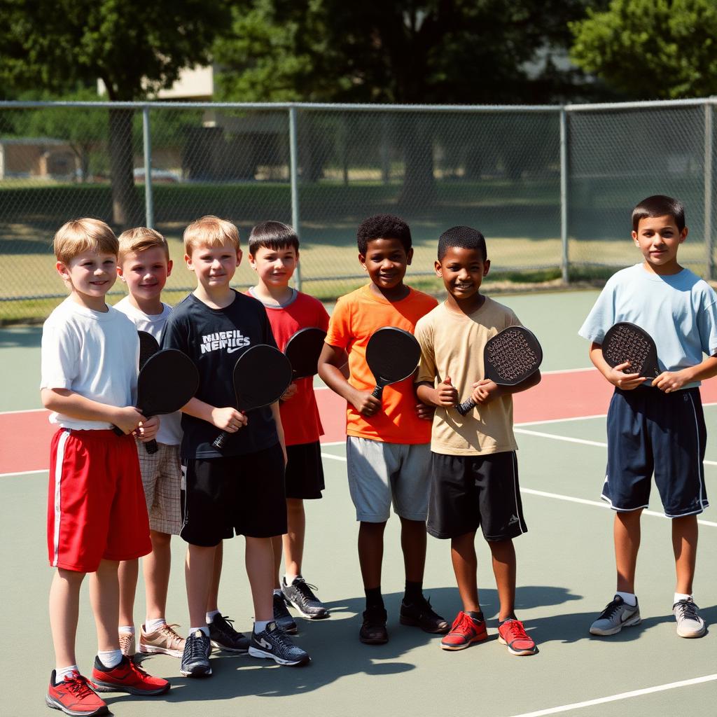 Boys playing a friendly pickleball match outdoors