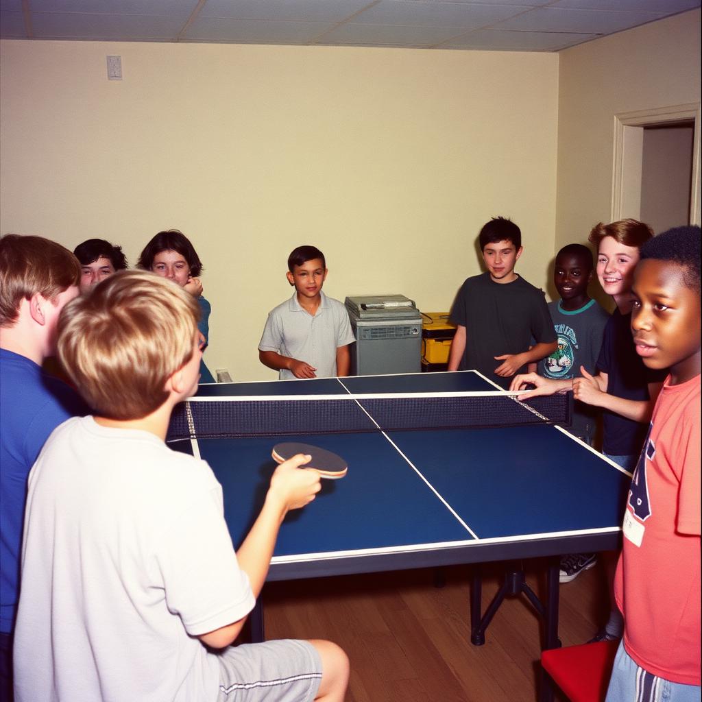 Boys playing ping pong in the community rec room