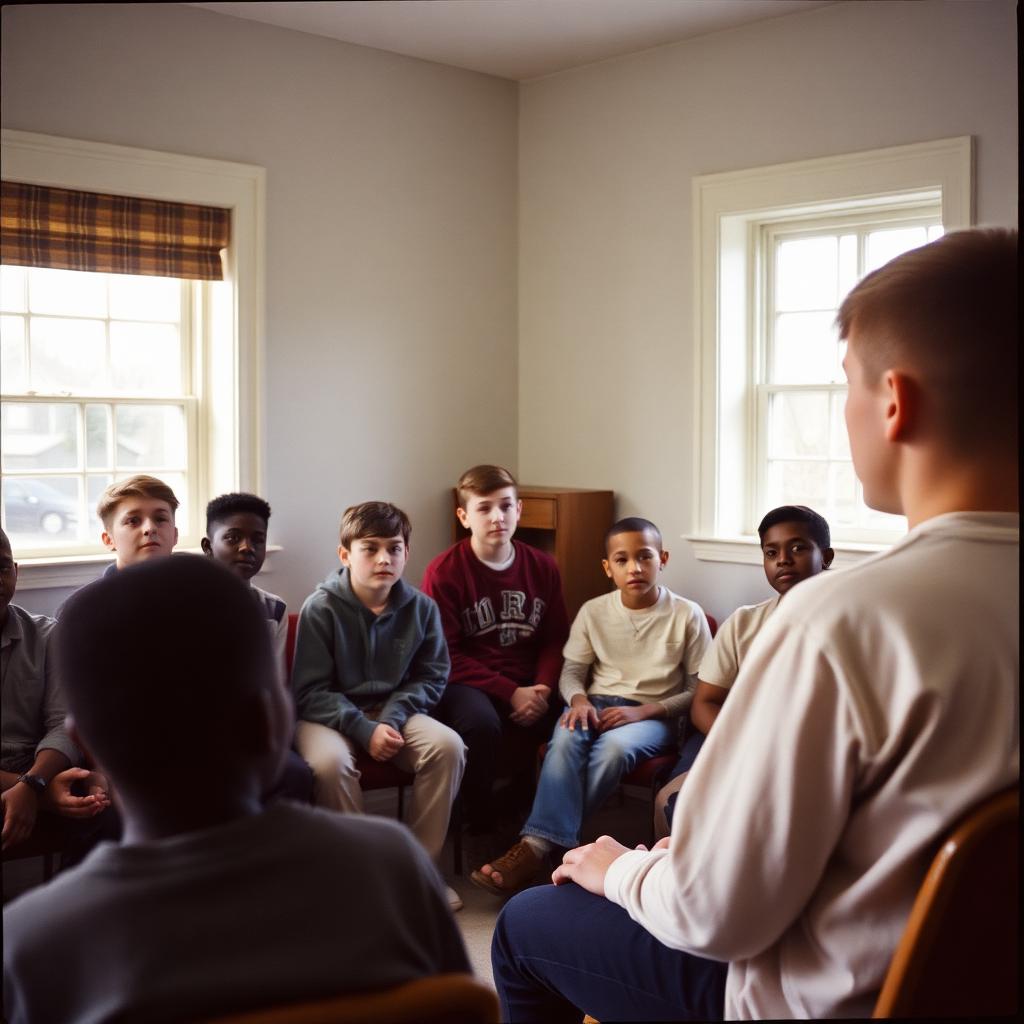 A boy giving a public speaking presentation to a group of boys