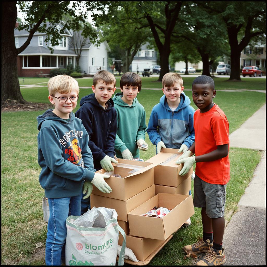 Boys volunteering in the neighborhood with food donations