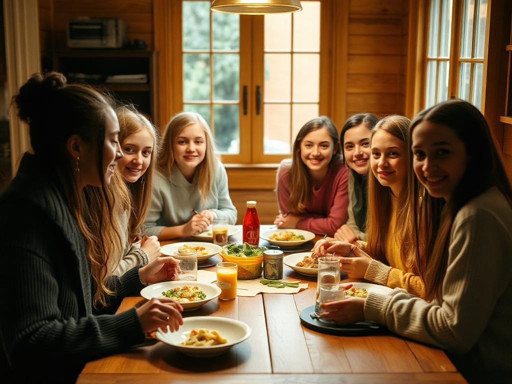 Girls sharing a healthy group dinner at The Main House