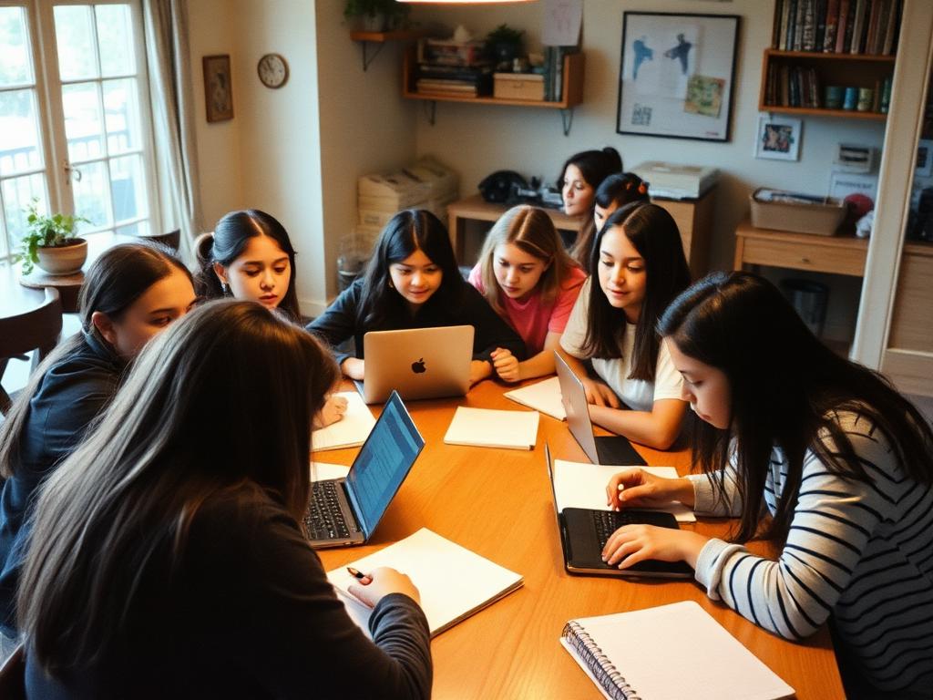 Girls collaborating on homework at a table with laptops and notebooks
