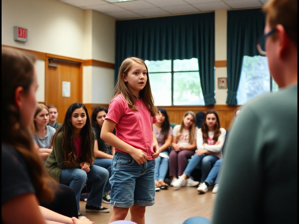 A girl giving a public speaking presentation to a group of girls