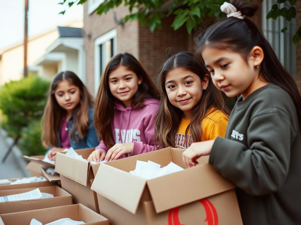 Girls volunteering in the neighborhood with food donations