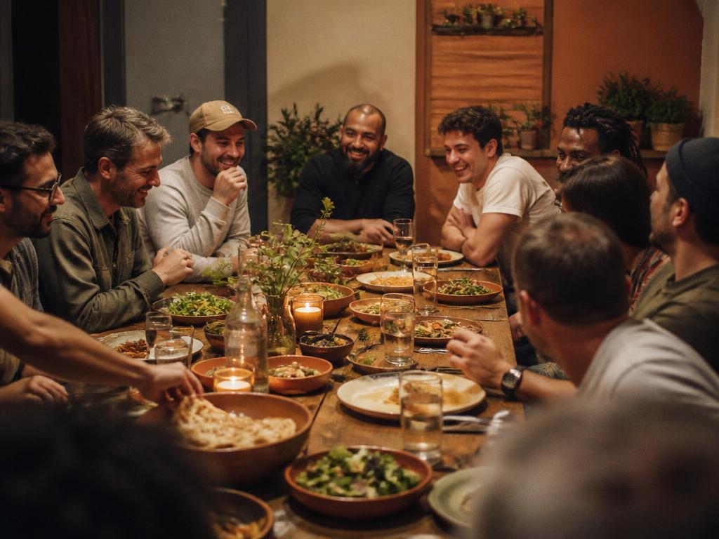 Men sharing a healthy group dinner at The Main House