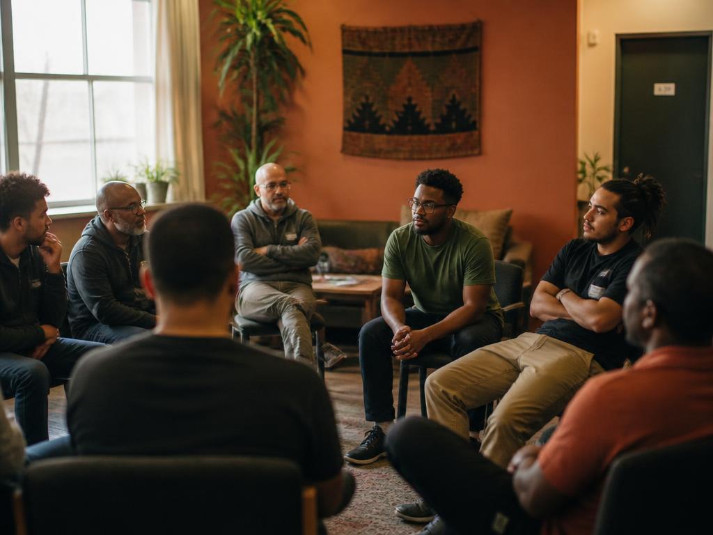 Men sitting in a circle for philosophy study, mental health study, and open discussion