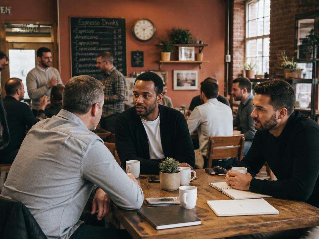Men networking and exchanging ideas over coffee