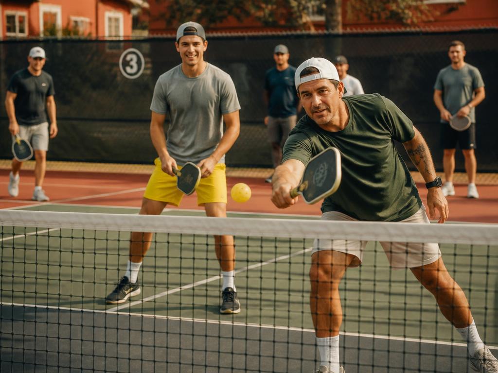 Men playing a friendly pickleball match outdoors