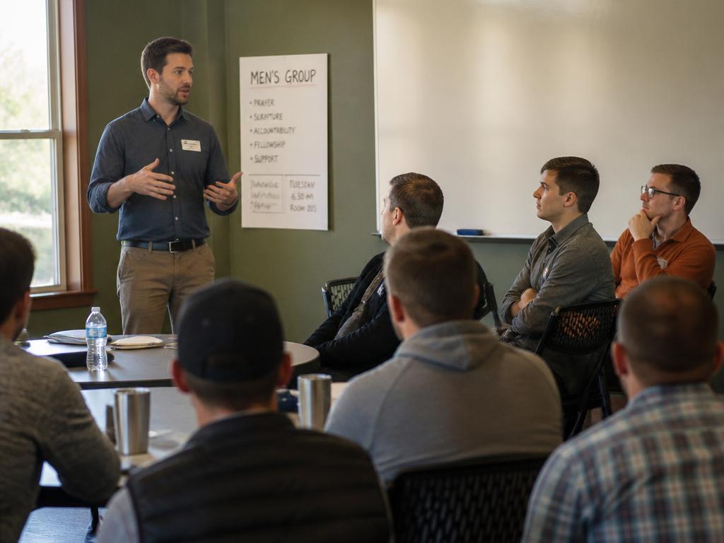 A man giving a public speaking presentation to a group of men