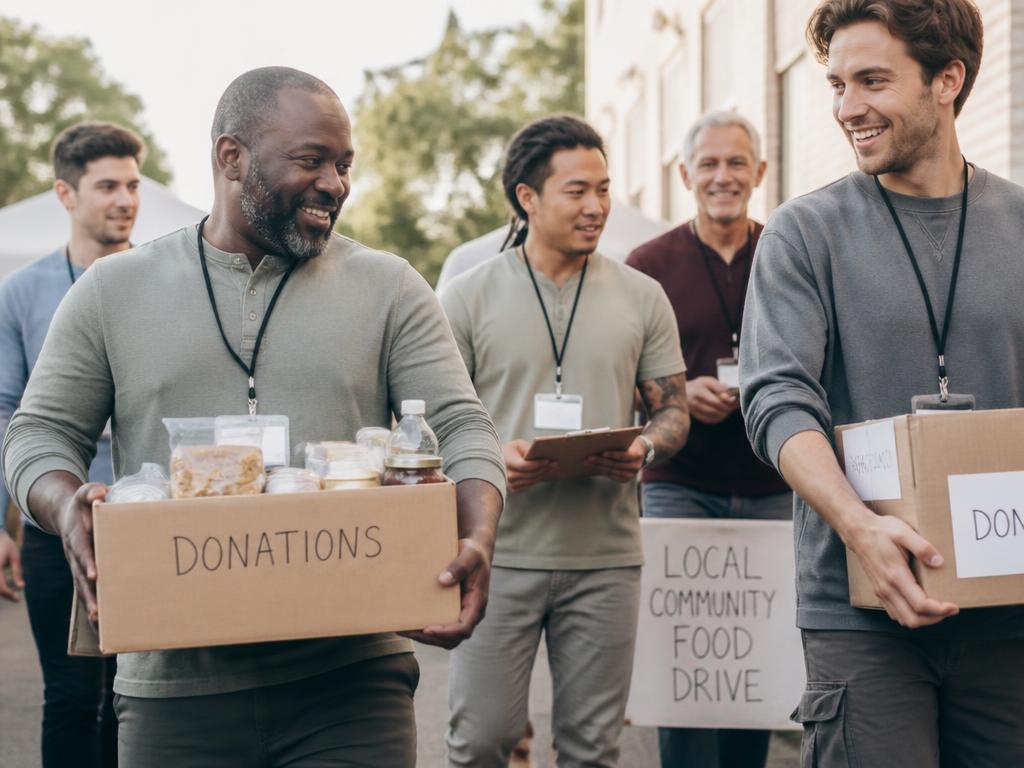 Men volunteering in the neighborhood with food donations