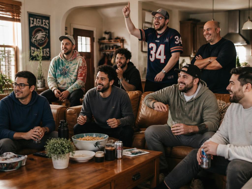 Men watching a sporting event together in the living room