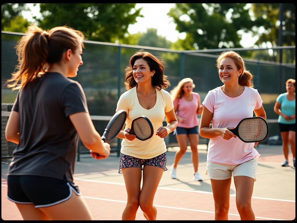 Women playing a friendly pickleball match outdoors
