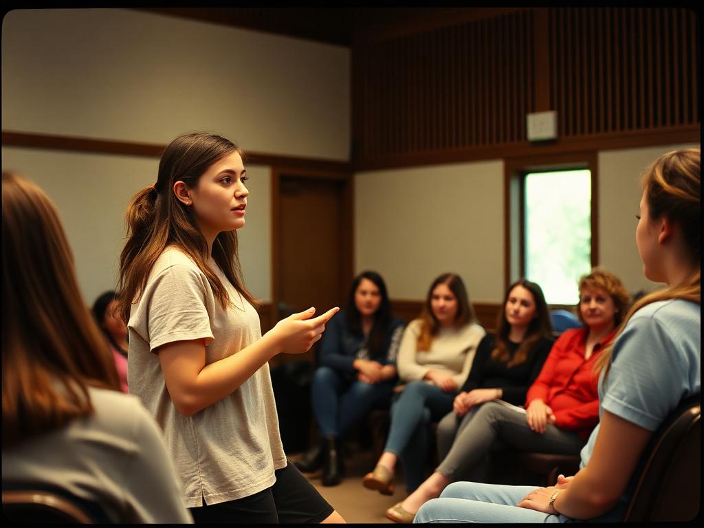A woman giving a public speaking presentation to a group of women