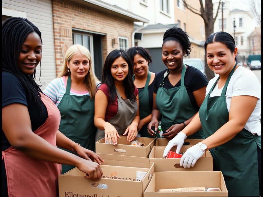 Women volunteering in the neighborhood with food donations